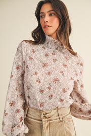 Floral Stretch Lace Smocked Mock Neck Top
