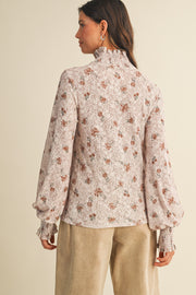 Floral Stretch Lace Smocked Mock Neck Top