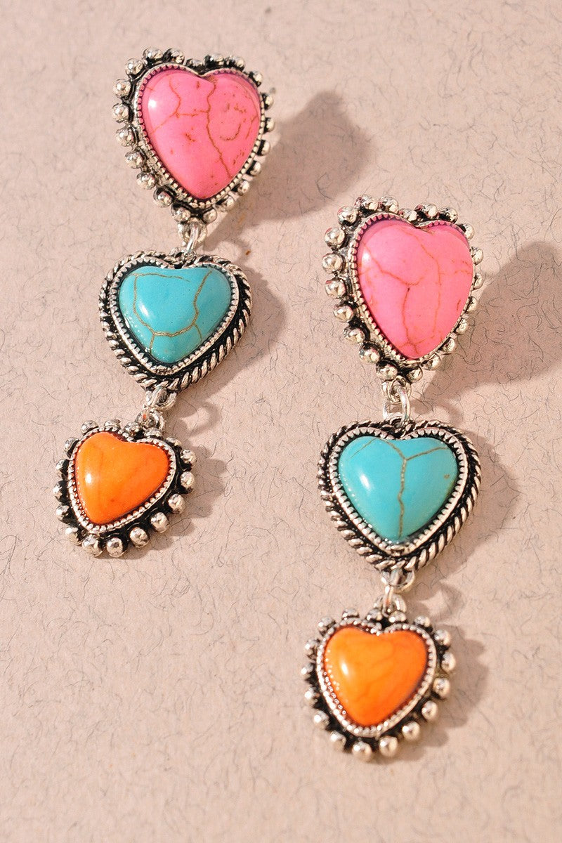 Western Multi-Color Heart Drop Earrings