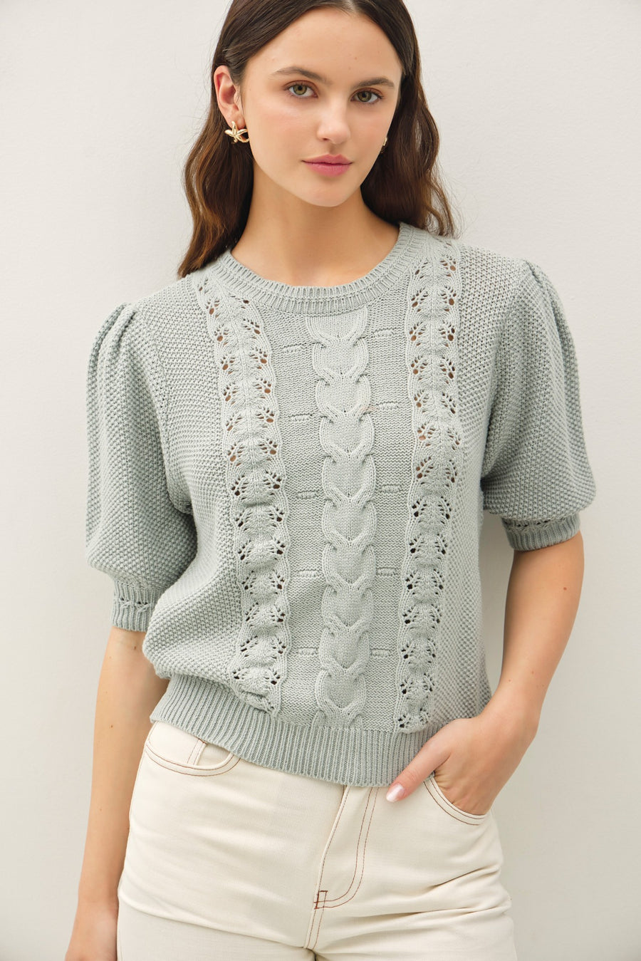 Short Sleeve Cable Knit Sweater