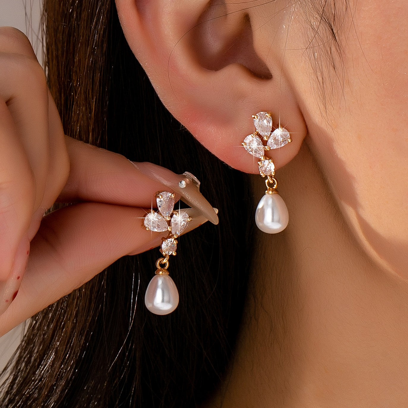 Cz Cluster & Teardrop Pearl Earrings