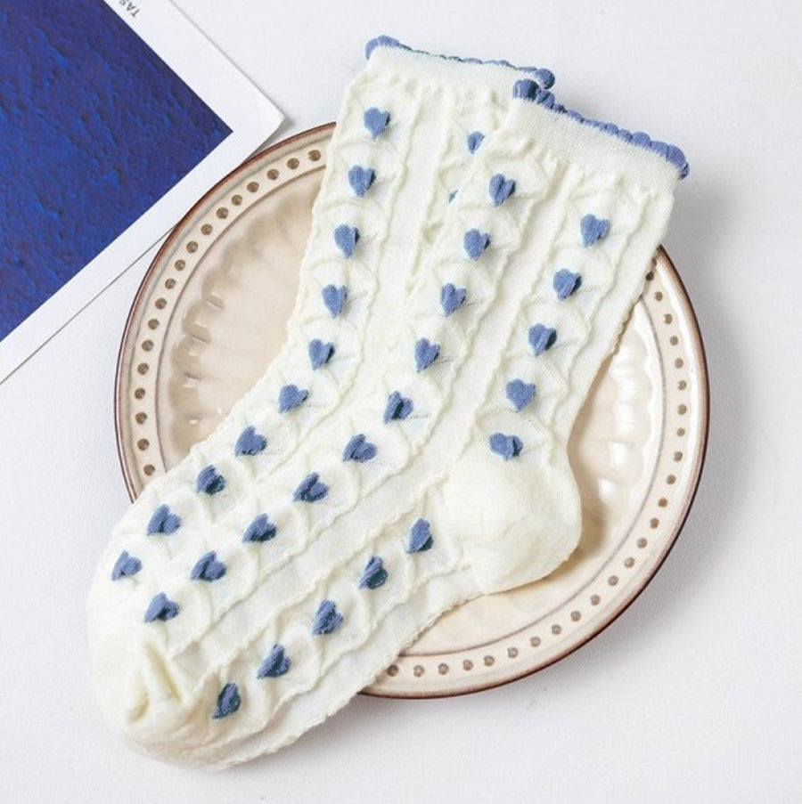 Embroidered Texture Crew Sock- Blue