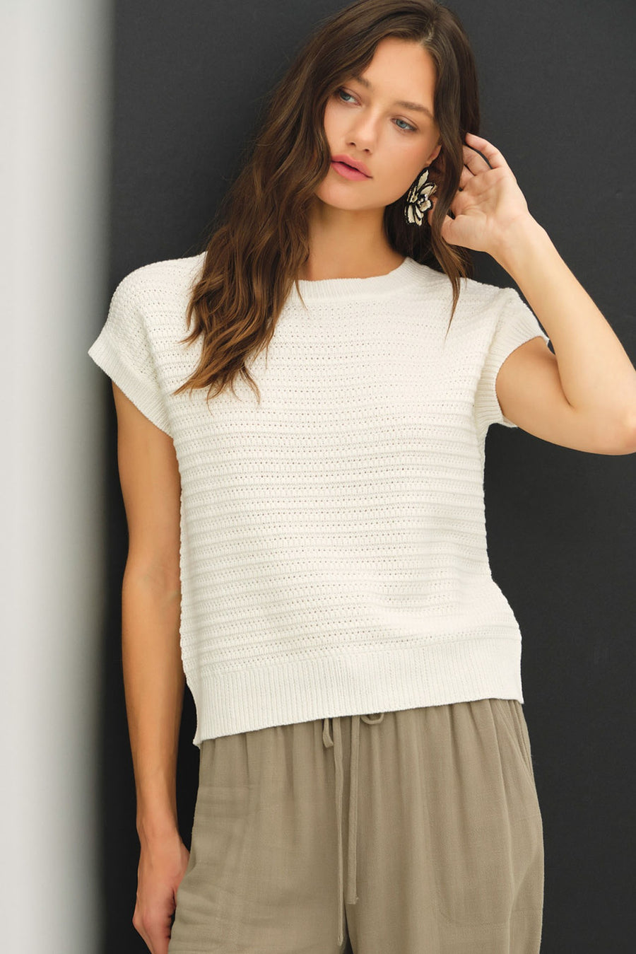 Textured Knit Cap Sleeve Sweater- Ivory