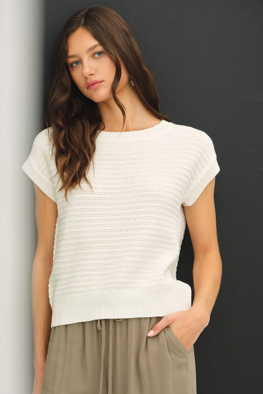 Textured Knit Cap Sleeve Sweater- Ivory