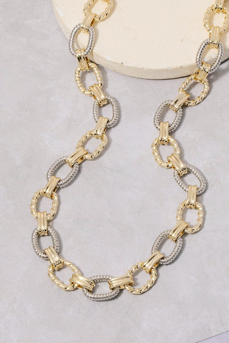 Two Tone Textured Oval Chain Necklace