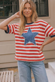 Red Stripe Tee With Denim Star