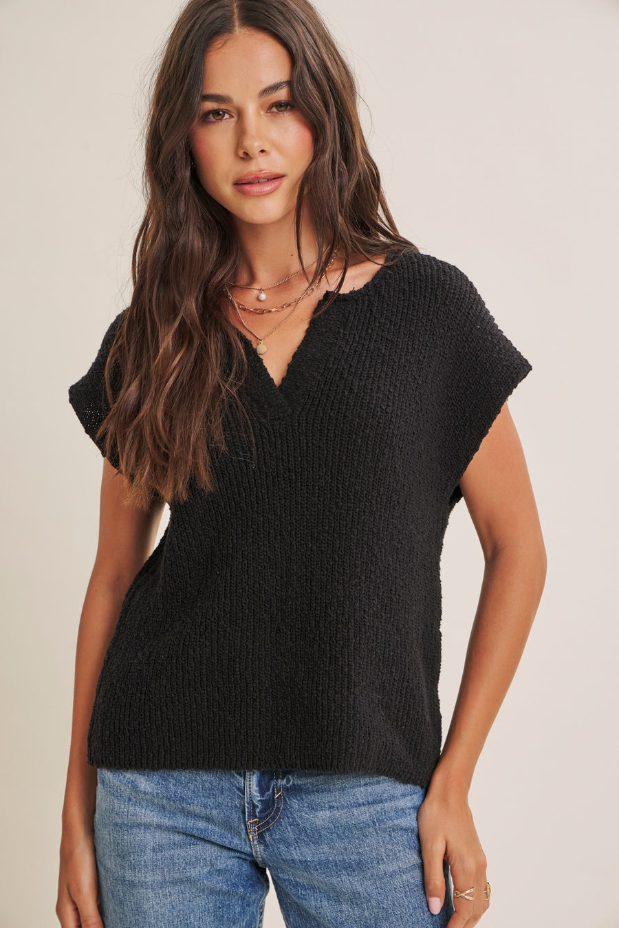 Effortless Slub Sweater Top- Black