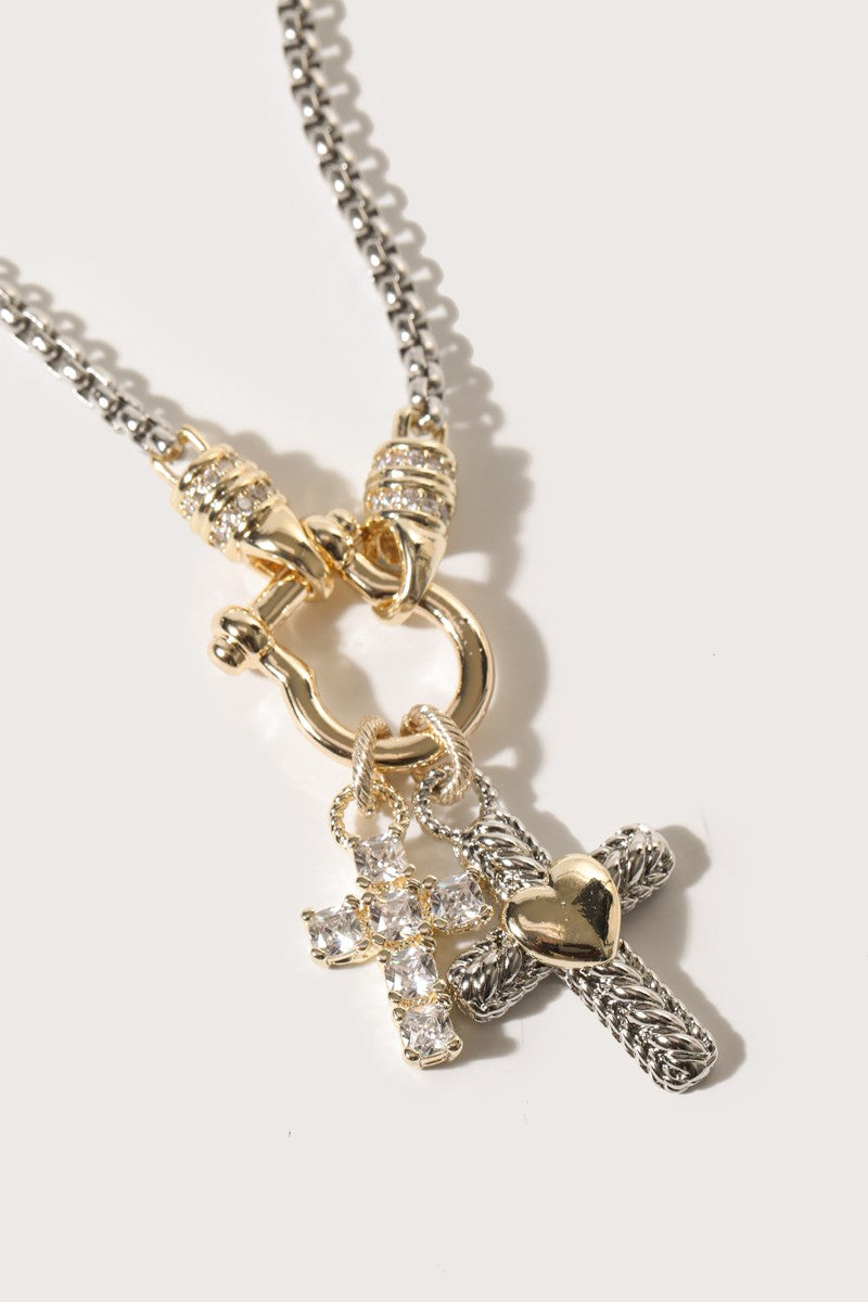 Double Cross Cz Pave Two-tone Necklace