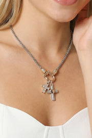 Double Cross Cz Pave Two-tone Necklace