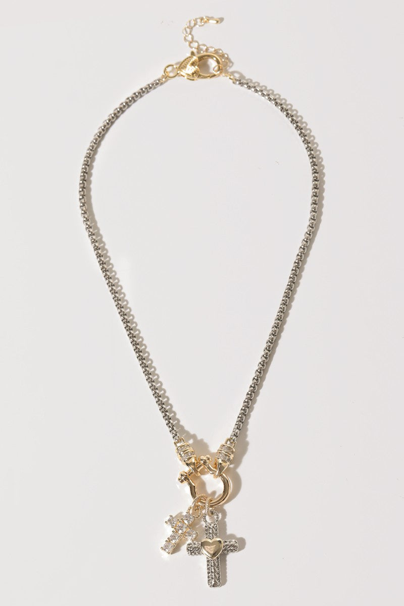 Double Cross Cz Pave Two-tone Necklace