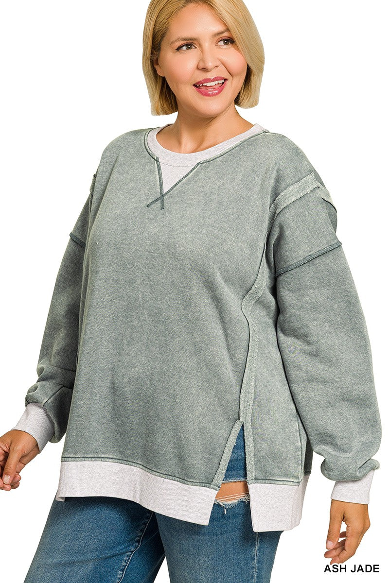 Fleece Acid Washed Pullover- Ash Jade