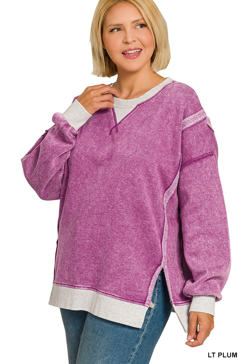 Fleece Acid Washed Pullover- Light Plum