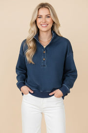 Oversized Button Mock Neck Sweatshirt