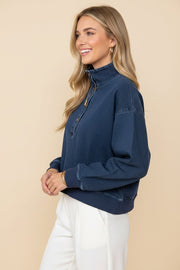 Oversized Button Mock Neck Sweatshirt