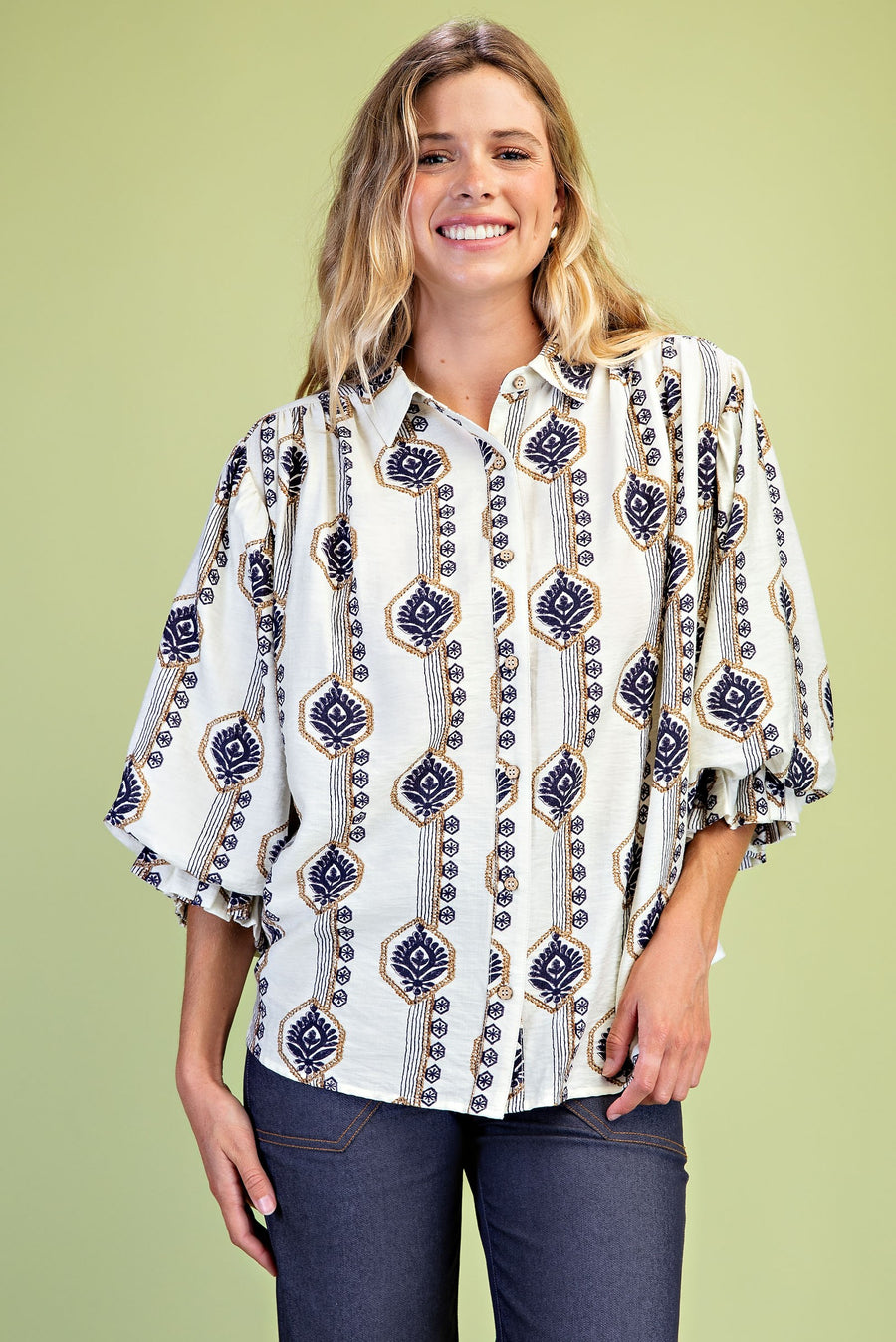 Navy Printed Button Down