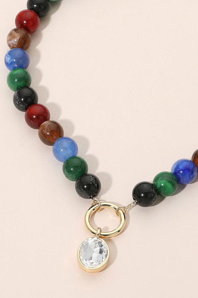Round Stone Bezel Charm Beaded Necklace