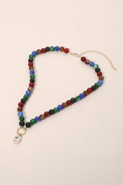 Round Stone Bezel Charm Beaded Necklace