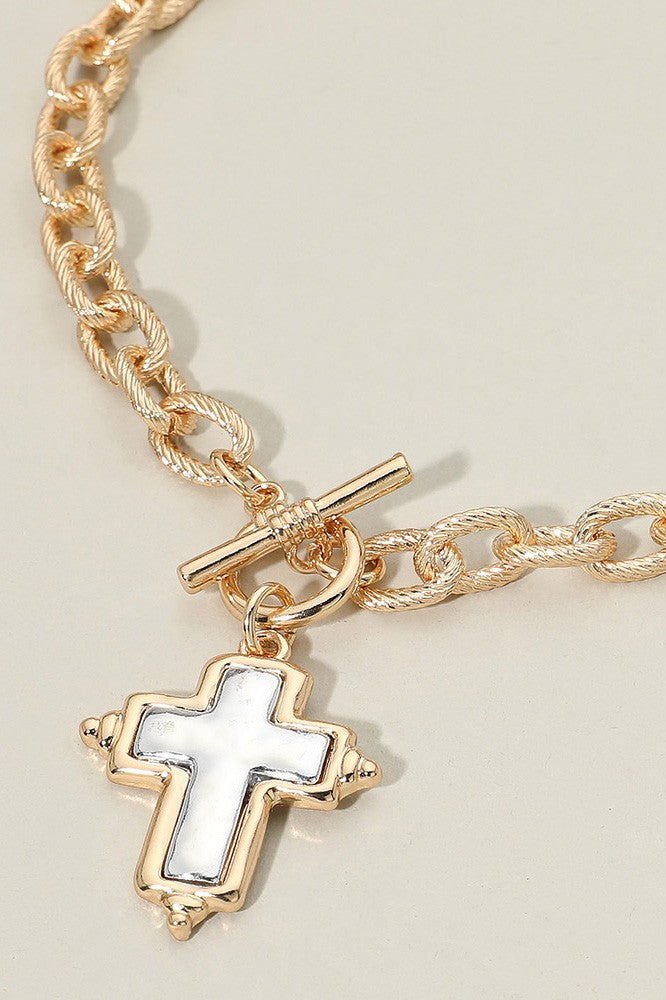 Two Tone Cross Toggle Necklace