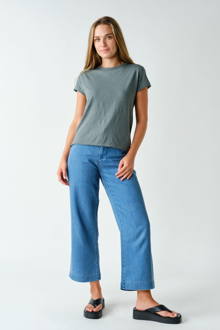 Raw-edge Cap Sleeve Tee- Eucalyptus