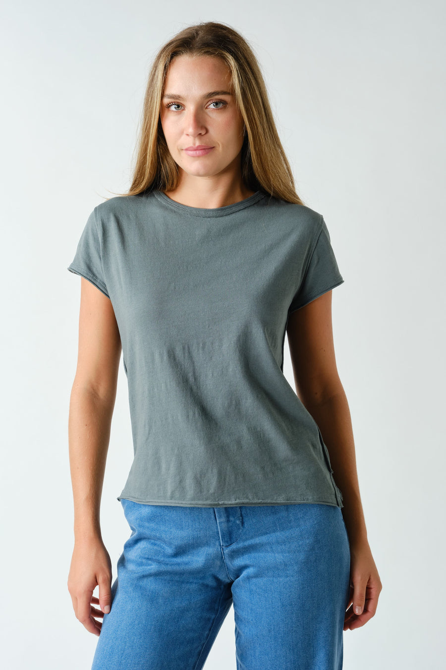 Raw-edge Cap Sleeve Tee- Eucalyptus