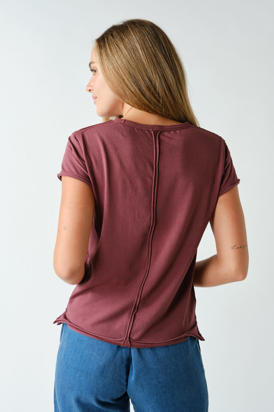 Raw-edge Cap Sleeve Tee- Rosewood