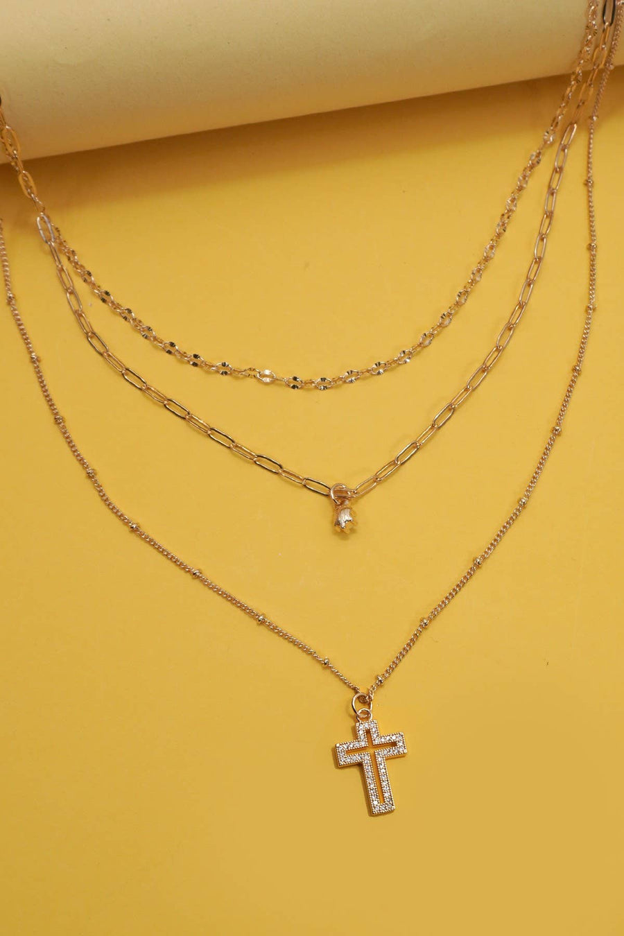 MULTI LAYER  RHINESTONE CROSS PENDANT NECKLACE