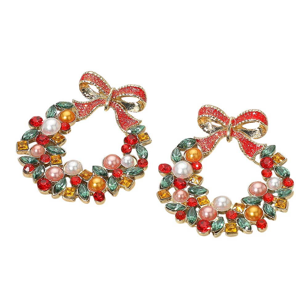 Bow Accent Christmas Wreath Earrings