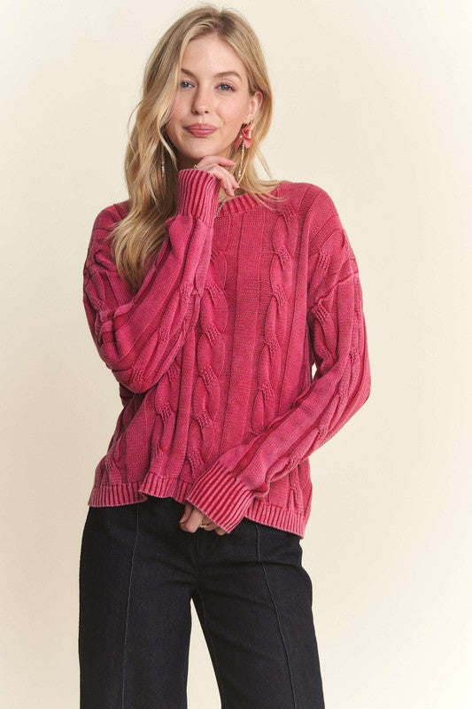 Mineral Washed Cable Knit Sweater- Red