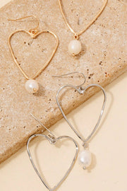 Pearl Charm Wire Heart Dangle Earrings