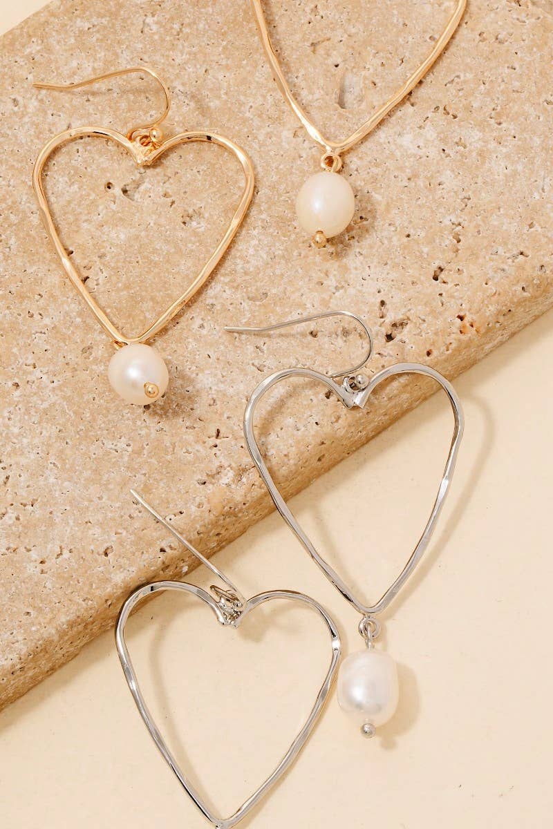 Pearl Charm Wire Heart Dangle Earrings