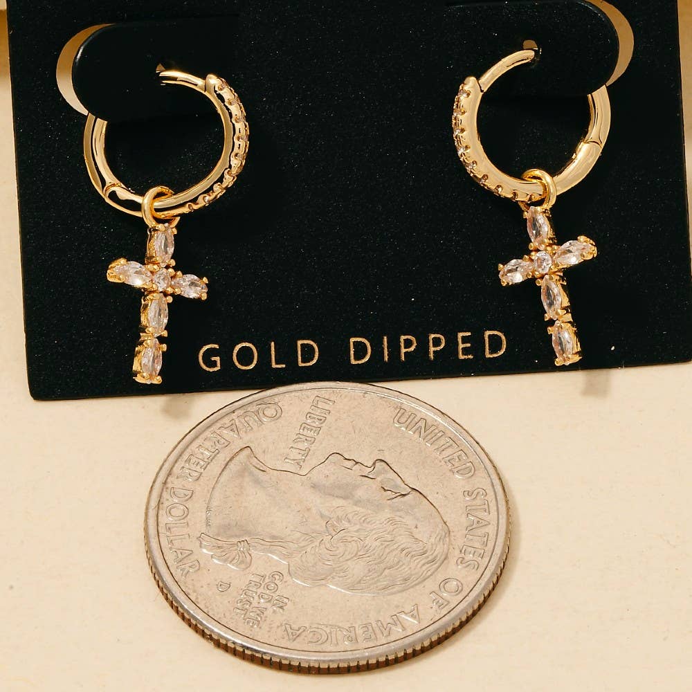 Gold Dipped Cz Baguette Cross Charm Hoop Earrings