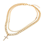 Stone Paved Cross Pendant Accent Double Layered Chain Necklace