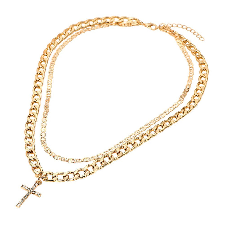 Stone Paved Cross Pendant Accent Double Layered Chain Necklace
