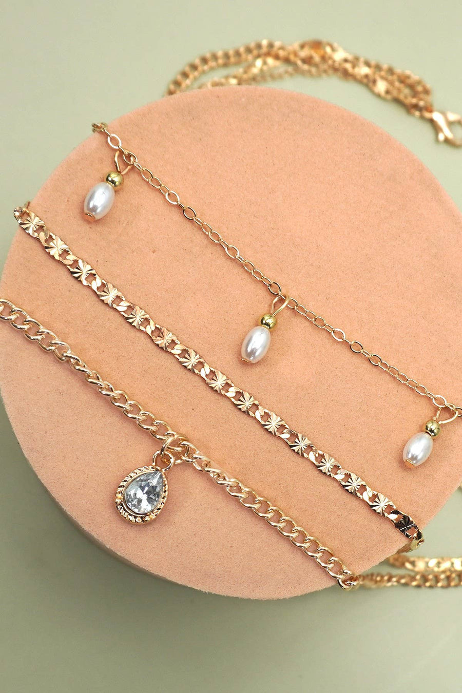 MULTI LAYER STONE CHAIN TEARDROP CHARM NECKLACE
