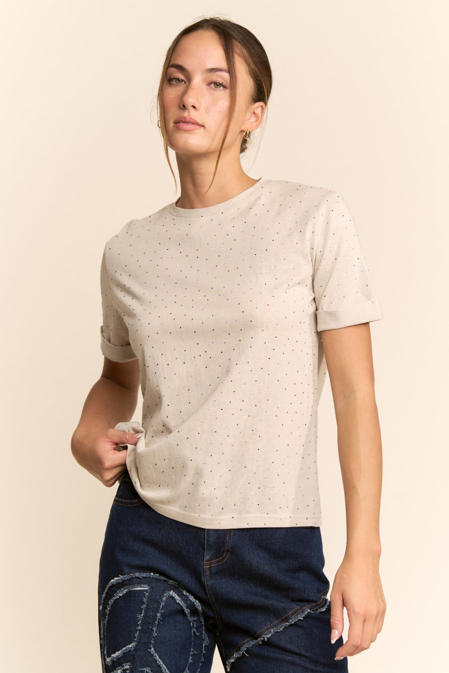 Rhinestone Relaxed Crewneck Tee- Smokey Taupe