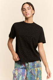 Rhinestone Relaxed Crewneck Tee- Black