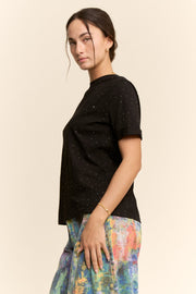 Rhinestone Relaxed Crewneck Tee- Black