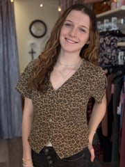 Vintage Leopard Twill Button Front Top