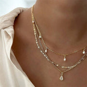 MULTI LAYER STONE CHAIN TEARDROP CHARM NECKLACE