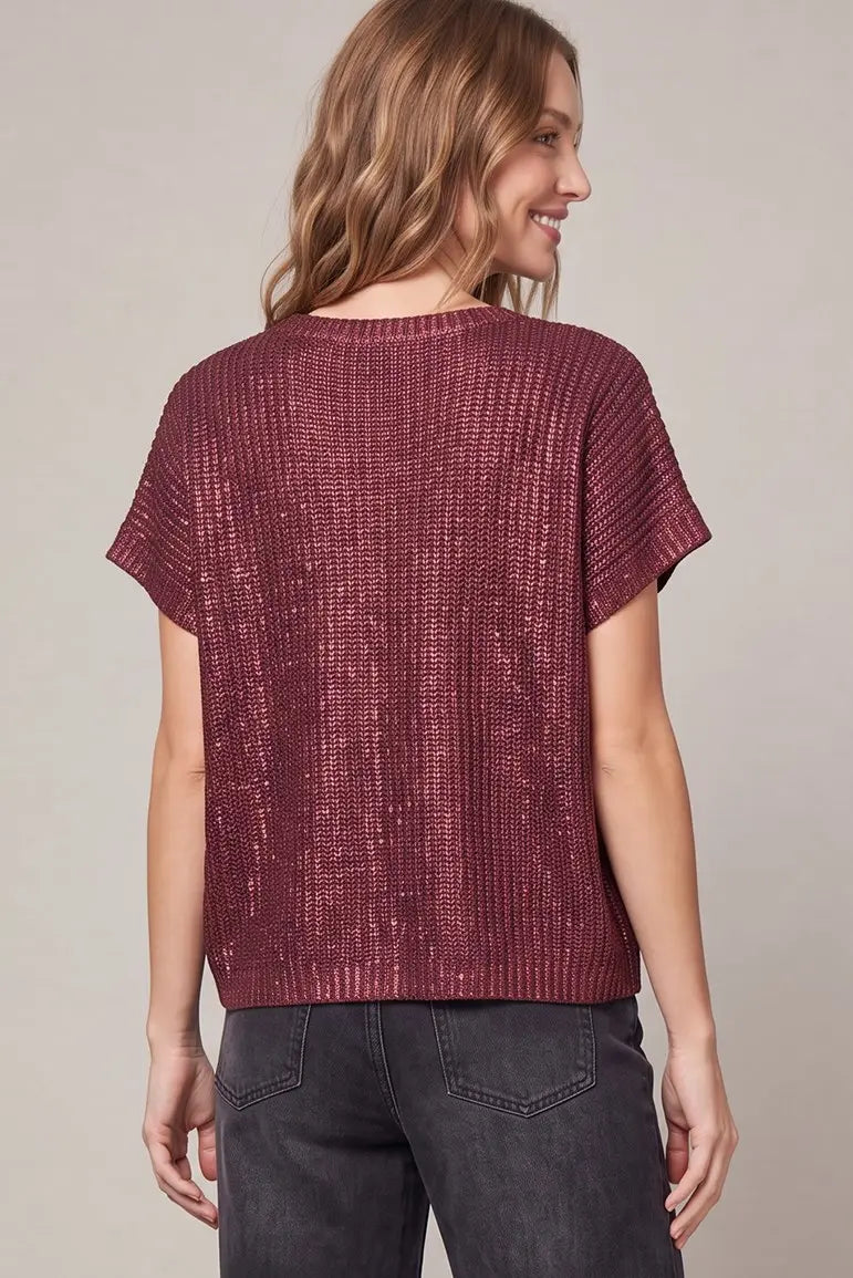 Metallic V-neck Sweater- Wine