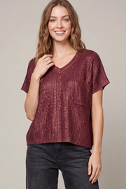 Metallic V-neck Sweater- Wine