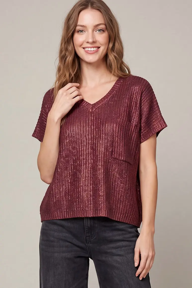 Metallic V-neck Sweater- Wine
