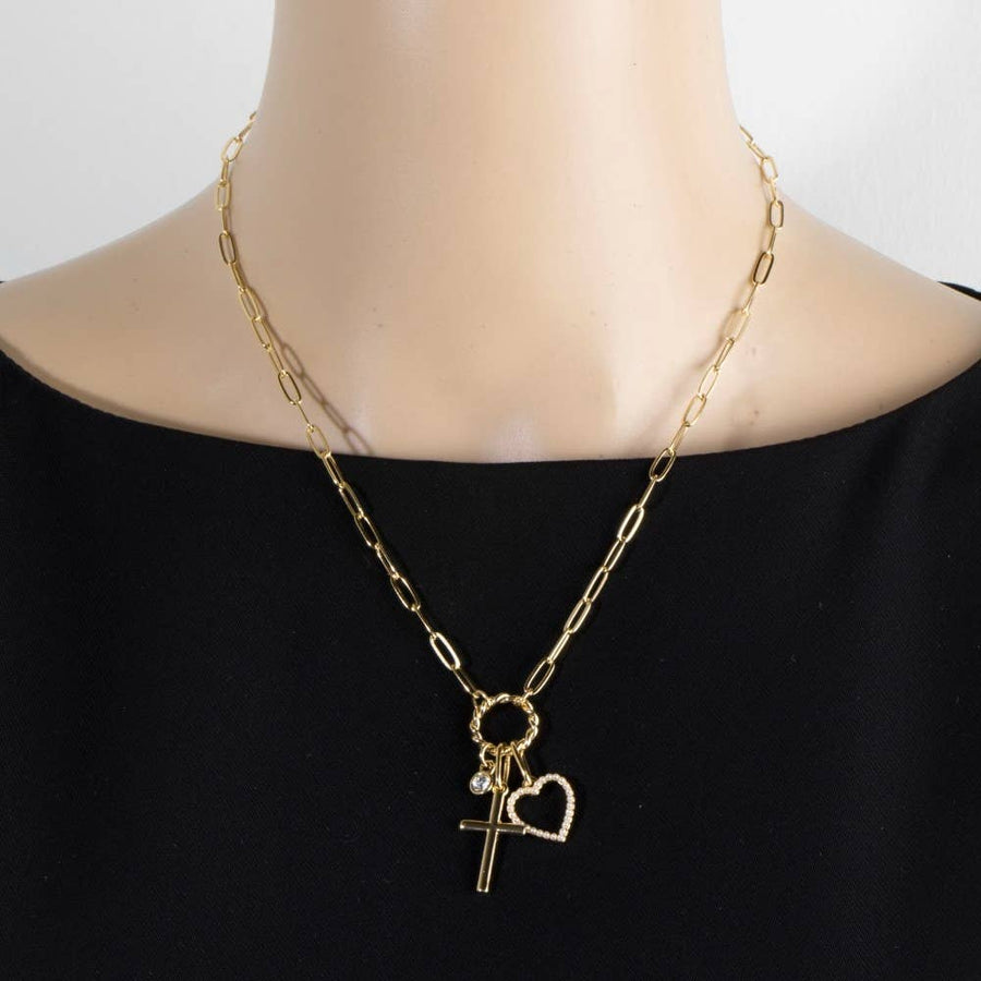 Heart Cross And Gem Pendants Chain Necklace