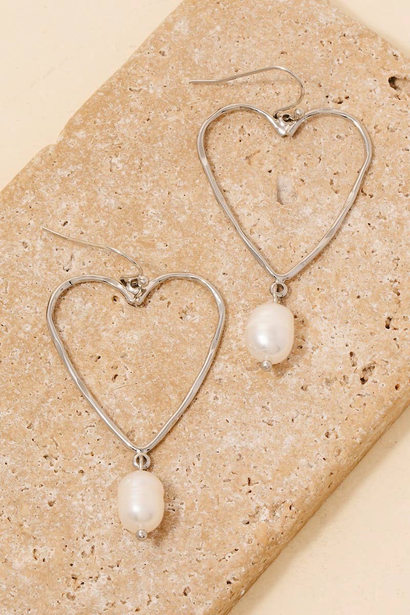 Pearl Charm Wire Heart Dangle Earrings