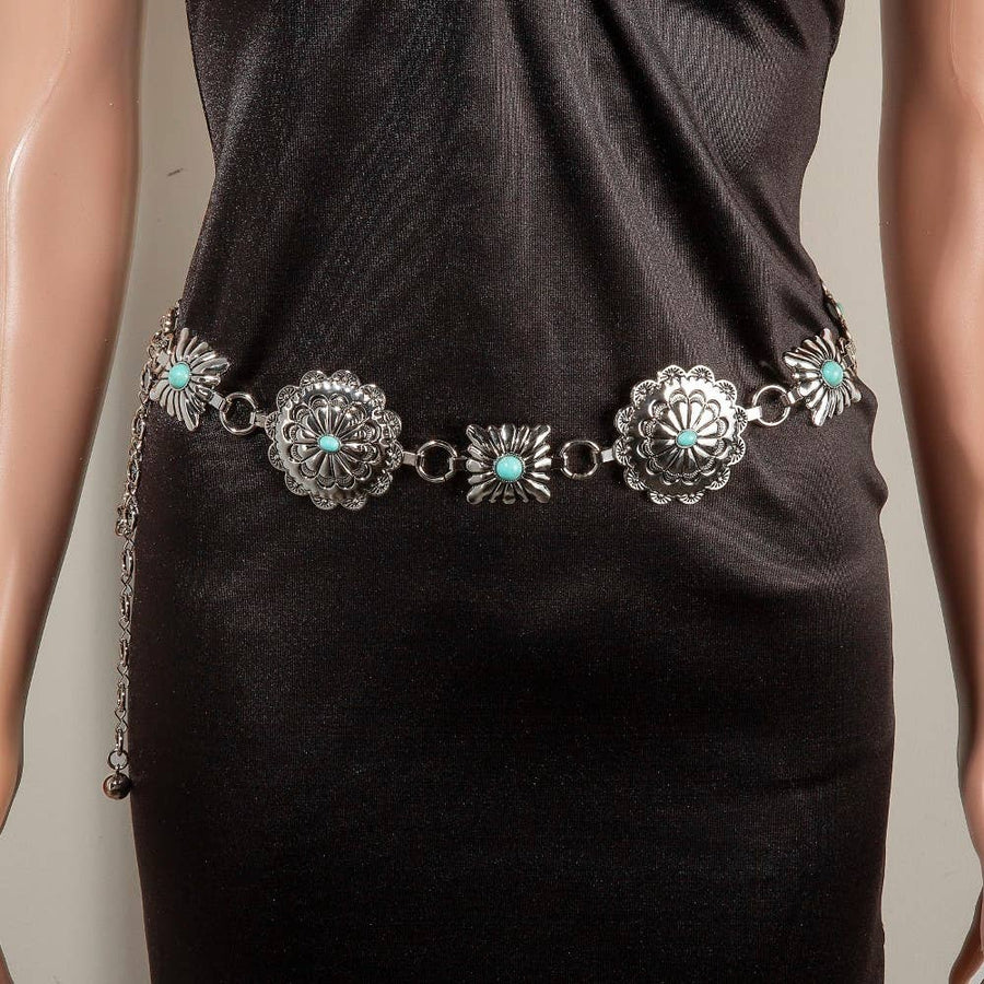 Western Turquoise Stud Floral Concho Chain Belt