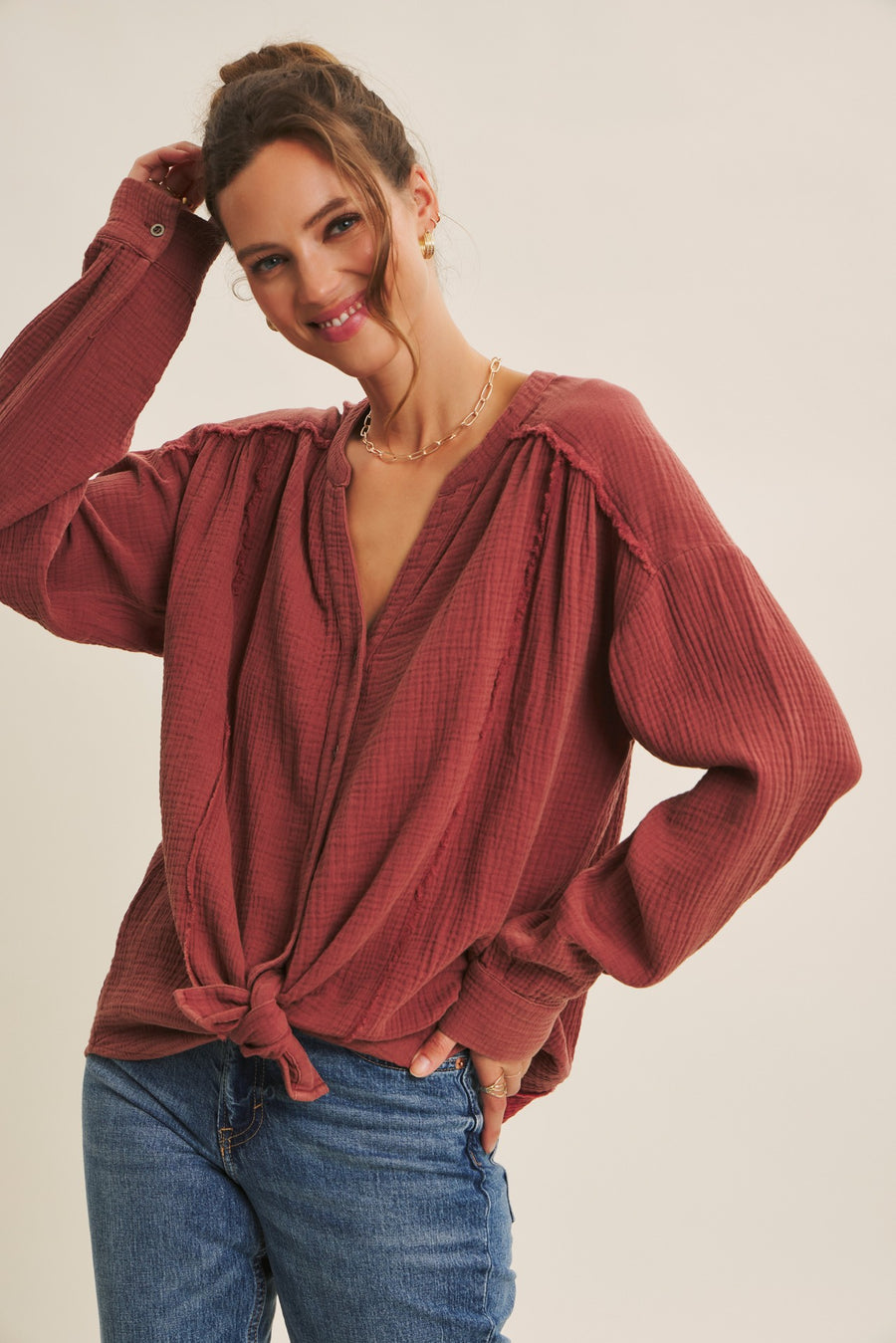 Cotton Long Sleeve Top- Marsala