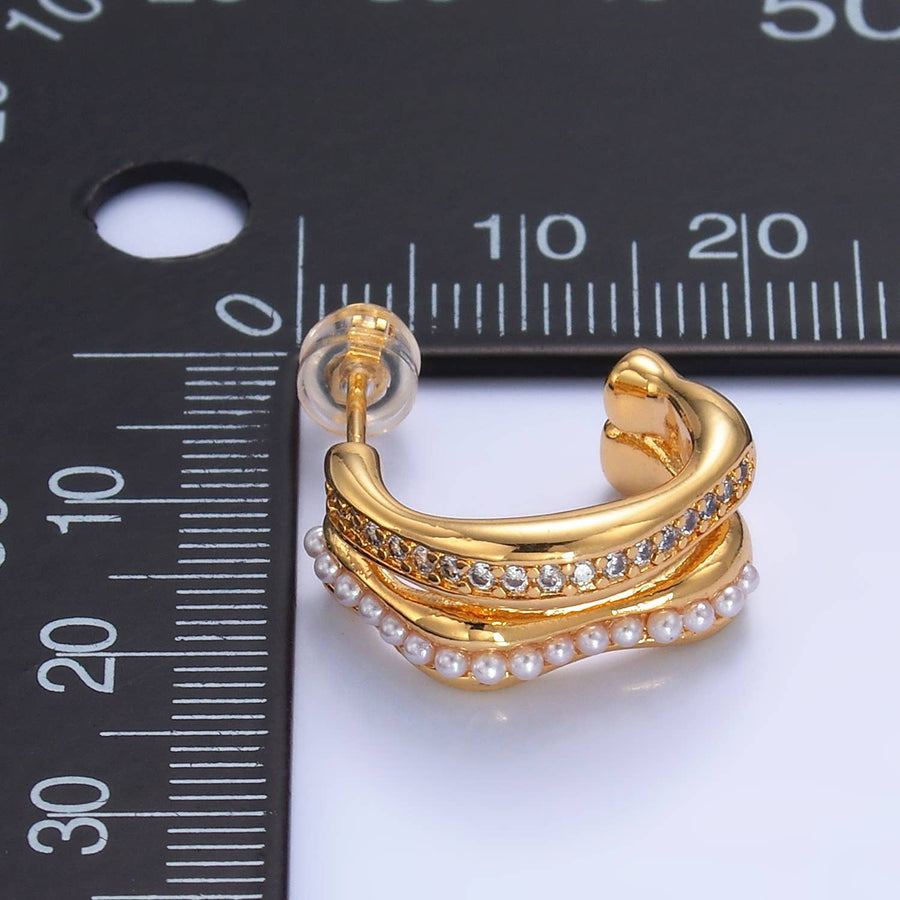 24K Gold Filled CZ Pearl Double Band Hoops