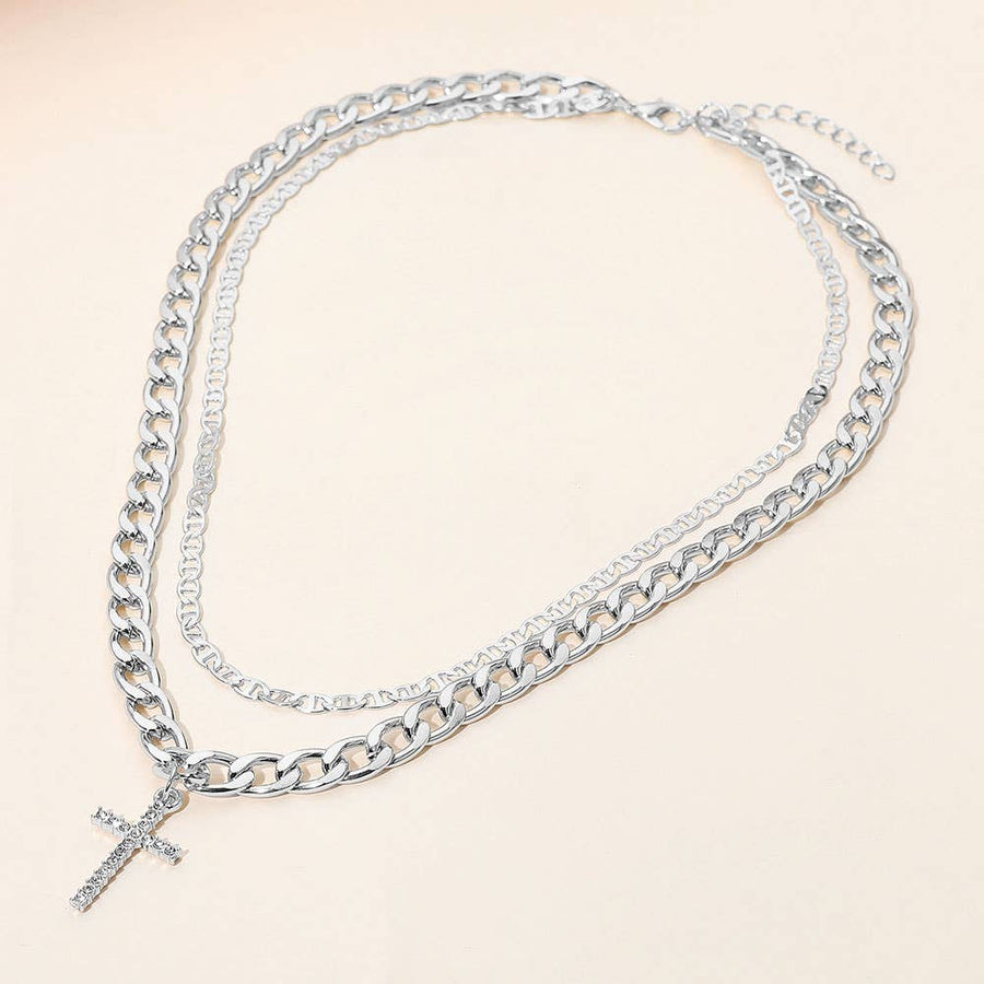 Stone Paved Cross Pendant Accent Double Layered Chain Necklace