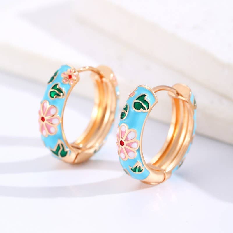 Vintage Cloisonne Enamel Floral Hoop Earrings