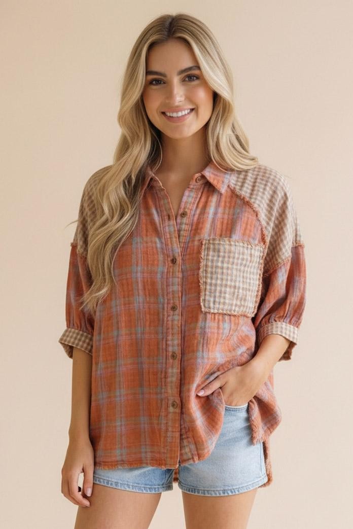 Raglan Mixed Plaid Top